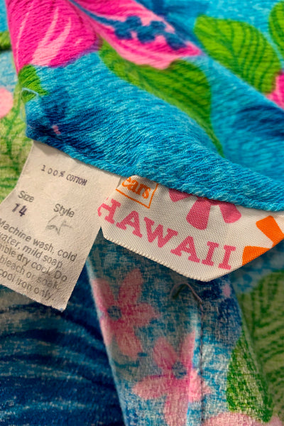 1960s Blue, Pink Hawaiian Floral Dress