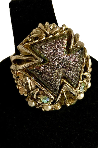 1960's Gold Plate, Pearl and Aurora Borealis Cocktail Ring