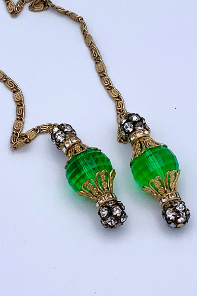 1960s Emerald Green and Gold Lariat and Earring Set