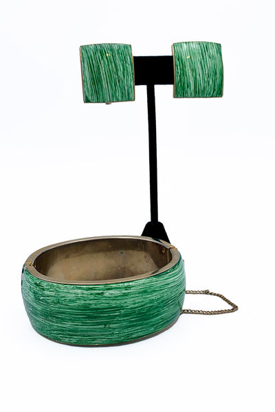 1960's Green and White Enamel Bracelet and Earring Set