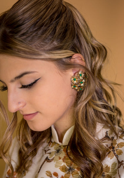 1960s Gold Green Flower Earrings