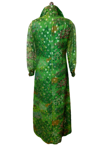 1970s Emerald Green and Metallic Maxi Dress