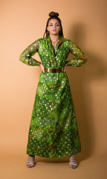 1970s Emerald Green and Metallic Maxi Dress