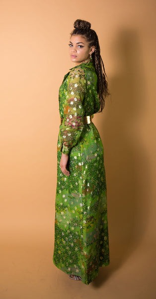 1970s Emerald Green and Metallic Maxi Dress
