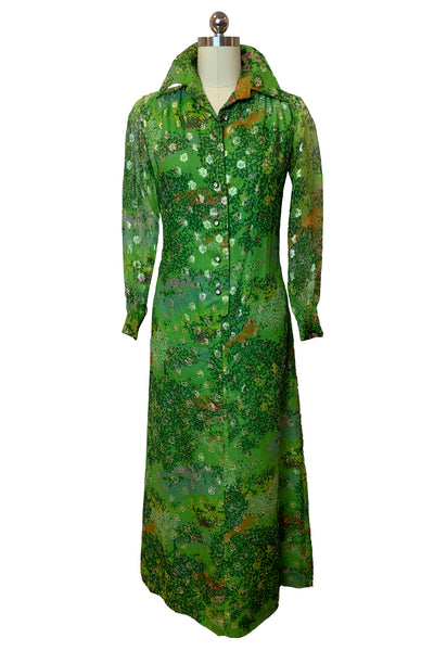 1970's Emerald Green and Metallic Maxi Dress