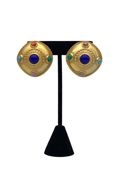 1980's Gold Multi Colored Gem Earrings