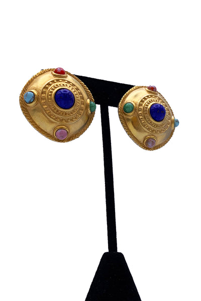 1980's Gold Multi Colored Gem Earrings