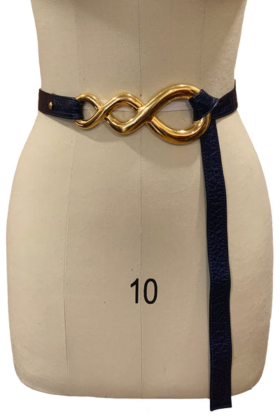 1980's Navy Leather Belt with Gold "Buckle"