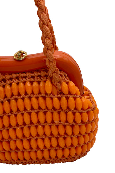 1960s Orange Raffia and Beaded Purse
