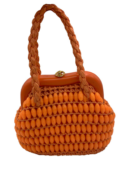 1960's Orange Raffia and Beaded Purse