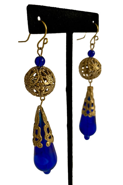 Cobalt Blue and Gold Filigree Drop Earrings