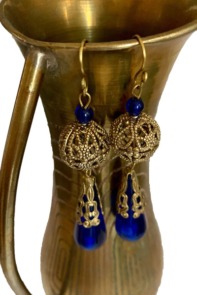 Cobalt Blue and Gold Filigree Drop Earrings