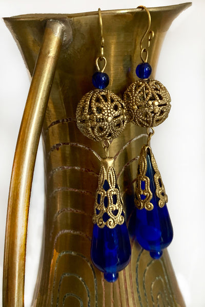 Cobalt Blue and Gold Filigree Drop Earrings