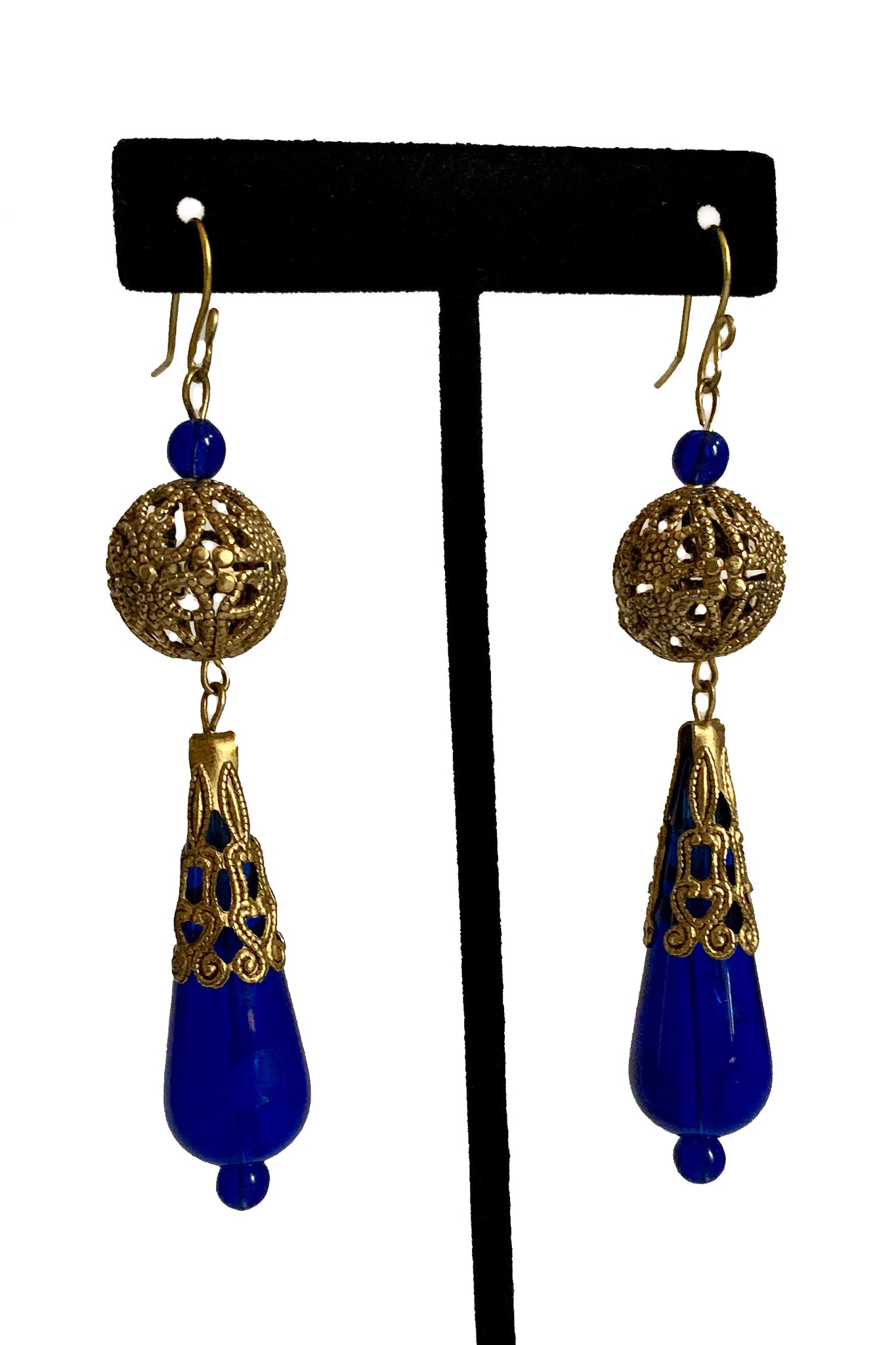 Cobalt Blue and Gold Filigree Drop Earrings