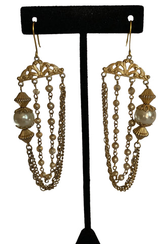 Long Faux Pearl and Gold Quadruple Chain Earrings