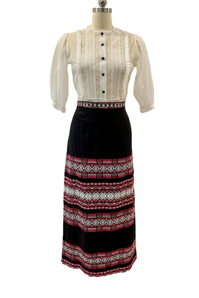 1970s Black Maxi Skirt with Pink, White, and Gold Embroidery