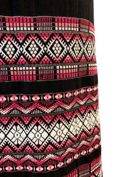 1970s Black Maxi Skirt with Pink, White, and Gold Embroidery