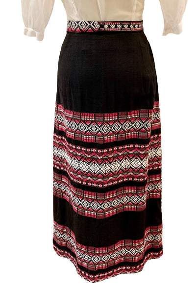 1970s Black Maxi Skirt with Pink, White, and Gold Embroidery
