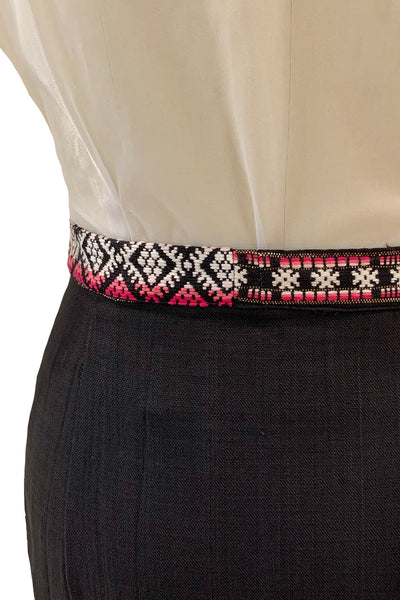 1970s Black Maxi Skirt with Pink, White, and Gold Embroidery