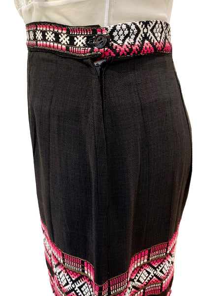 1970s Black Maxi Skirt with Pink, White, and Gold Embroidery