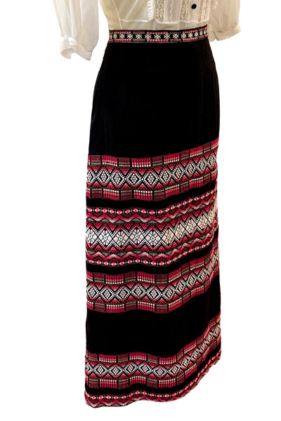 1970s Black Maxi Skirt with Pink, White, and Gold Embroidery