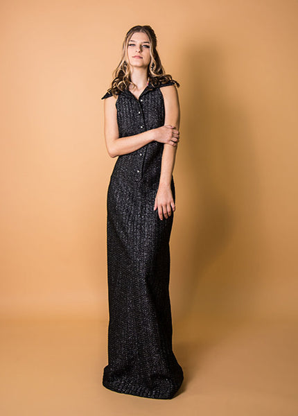 1970s Black and Silver Metallic Column Dress