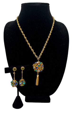 1960's Blue, Green and Gold Earring and Necklace Set