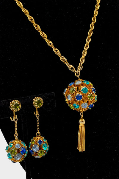 1960s Blue, Green and Gold Earring and Necklace Set