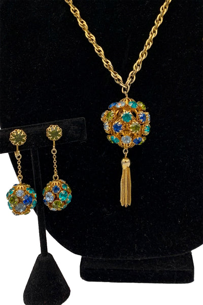 1960s Blue, Green and Gold Earring and Necklace Set