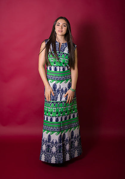 1970s Navy and Kelly Green Maxi Dress