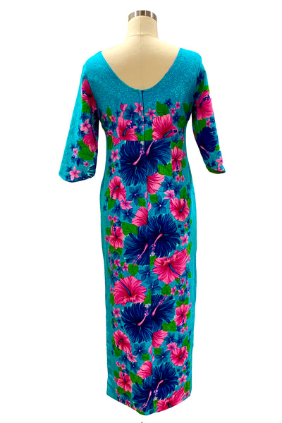 1960s Blue, Pink Hawaiian Floral Dress