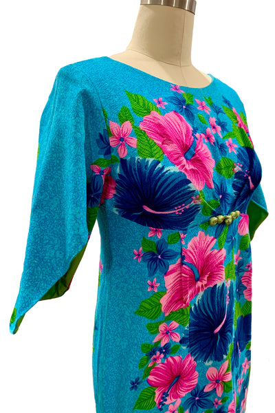 1960s Blue, Pink Hawaiian Floral Dress