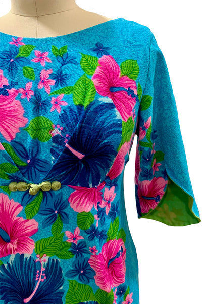 1960s Blue, Pink Hawaiian Floral Dress