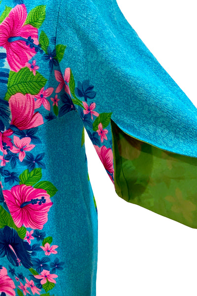 1960s Blue, Pink Hawaiian Floral Dress