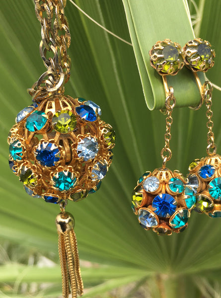 1960s Blue, Green and Gold Earring and Necklace Set
