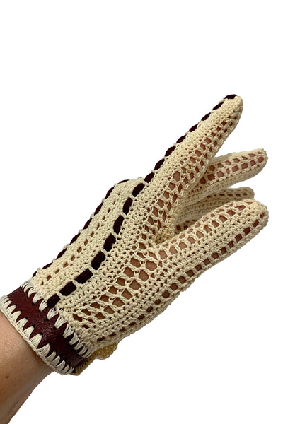 1950's Cream and Chocolate Brown Crochet Gloves