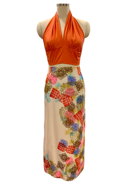 1960's Cream Multi-Color Design Maxi Skirt