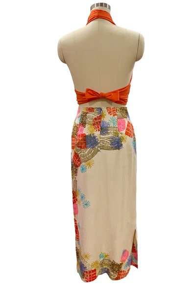 1960s Cream Multi-Color Design Maxi Skirt