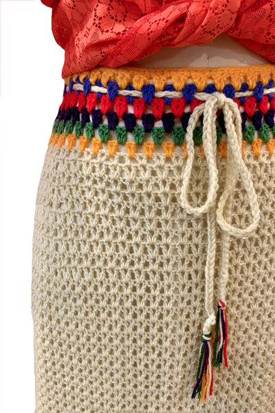 1970's Cream Multi-Color Crochet Maxi Skirt