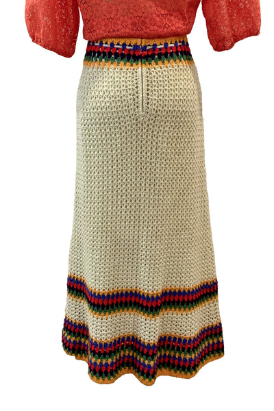 1970's Cream Multi-Color Crochet Maxi Skirt