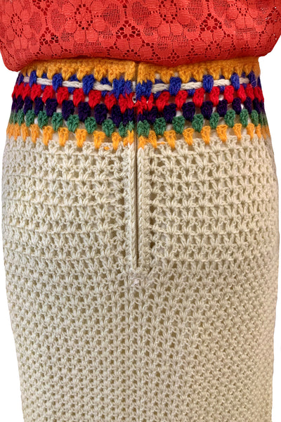 1970's Cream Multi-Color Crochet Maxi Skirt