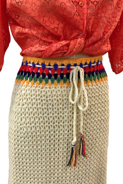 1970's Cream Multi-Color Crochet Maxi Skirt