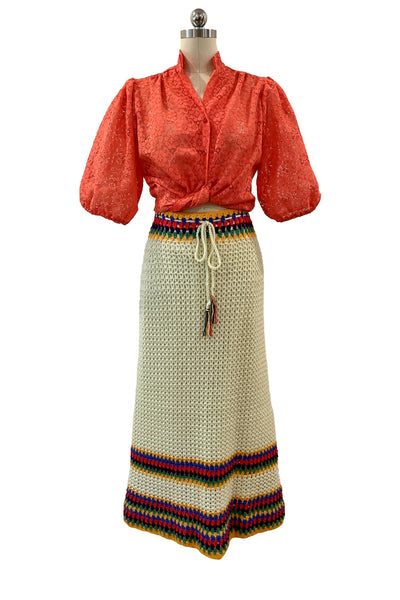 1970's Cream Multi-Color Crochet Maxi Skirt