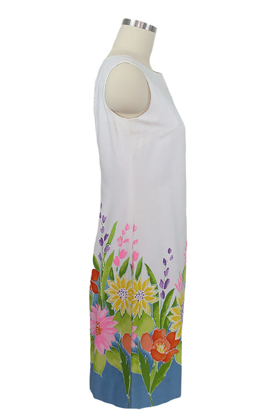 1960s Floral Hem White Shift Dress