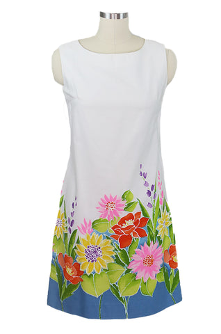 1960s Floral Hem White Shift Dress