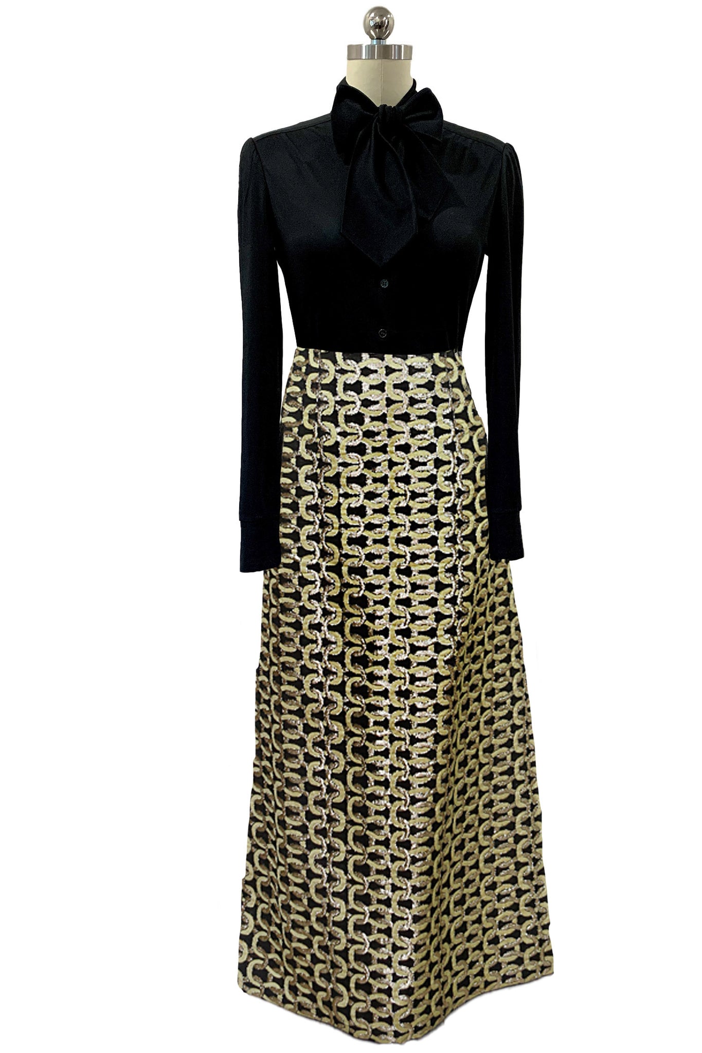 1960's Black, Lemon and Gold Lamé Brocade Maxi Skirt