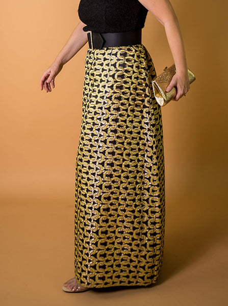 1960s Black, Lemon and Gold Lamé Brocade Maxi Skirt