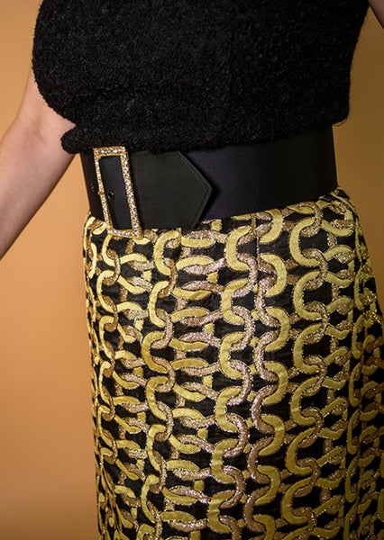 1960s Black, Lemon and Gold Lamé Brocade Maxi Skirt