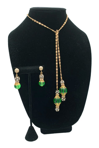 1960's Emerald Green and Gold Lariat and Earring Set