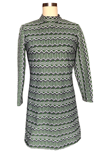 1960's Green Chevron Long Sleeve Dress